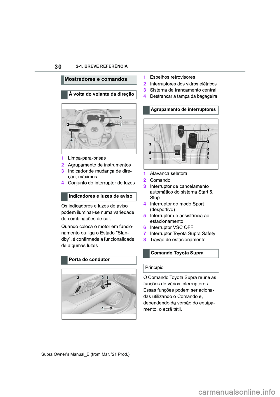 TOYOTA SUPRA 2023  Manual de utilização (in Portuguese) 302-1. BREVE REFERÊNCIA
Supra Owner’s Manual_E (from Mar. ’21 Prod.)
1Limpa-para-brisas
2Agrupamento de instrumentos
3Indicador de mudança de dire-
ção, máximos
4Conjunto do interruptor de lu