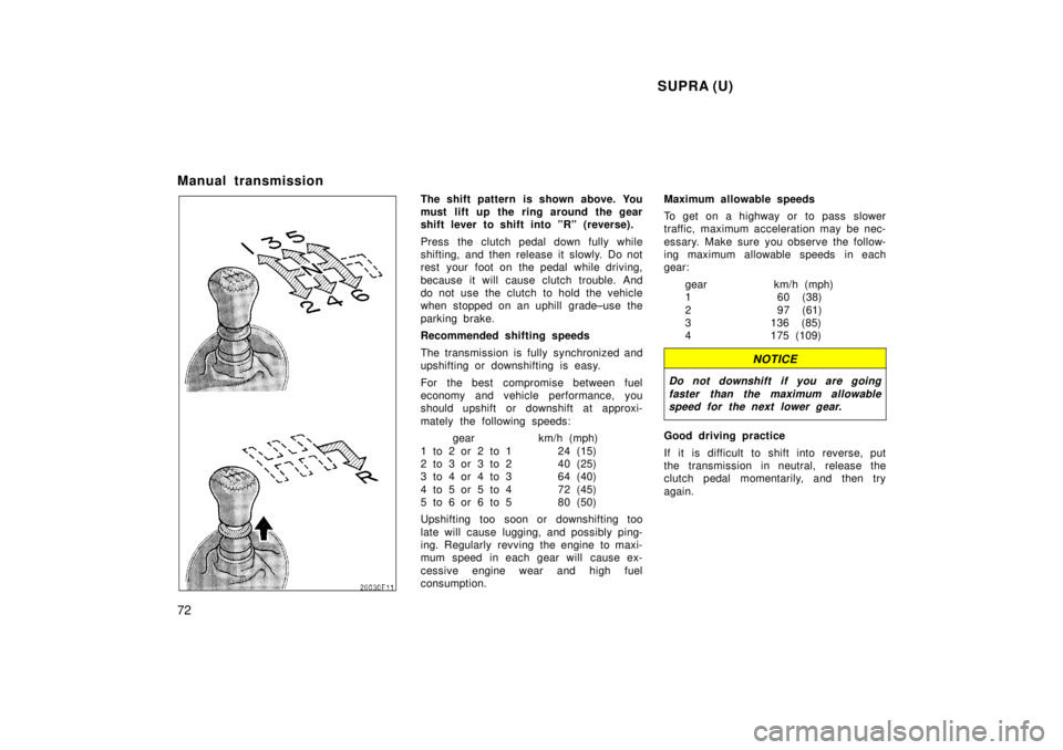TOYOTA SUPRA 1998 Manual PDF  SUPRA (U)
72
Manual transmission
The shift pattern is shown above. You 
must lift up the ring around the gear
shift lever to shift into ºRº (reverse). 
Press the clutch pedal down fully while 
shif
