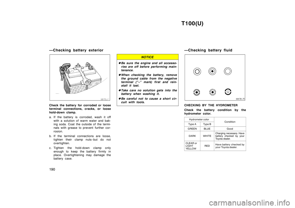 TOYOTA T100 1998  Owners Manual T100(U)
190
—Checking battery exterior
Check the battery for corroded or loose 
terminal connections, cracks, or loose 
hold-down clamp. 
a. If the battery is corroded, wash it off
with a solution o