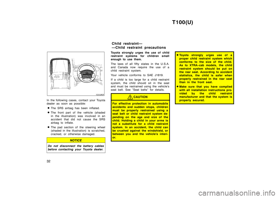 TOYOTA T100 1998 Owners Guide T100(U)
32
In the following cases, contact your Toyota 
dealer as soon as possible: � The SRS airbag has been inflated.
� The front part of the vehicle (shaded 
in the illustration) was involved in an