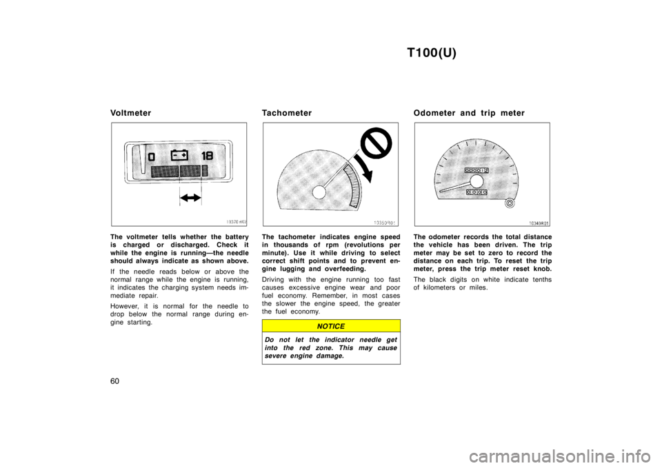 TOYOTA T100 1998  Owners Manual T100(U)
60
Vo l t m e t e r
The voltmeter tells whether the battery 
is charged or discharged. Check it 
while the engine is running—the needle 
should always indicate as shown above. 
If the needle