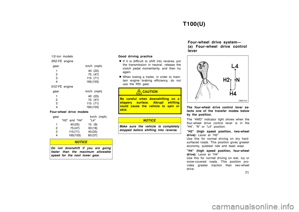 TOYOTA T100 1998 Manual PDF T100(U)71
1/2-ton models
3RZ-FE engine
gear km/h (mph) 1 40 (25)
2 75 (47)
3 115 (71)
4 165(103)
5VZ-FE engine gear km/h (mph)
1 40 (25)
2 75 (47)
3 115 (71)
4 165(103)
Four-wheel drive models
ge TOYOTA T100 1998 Manual PDF T100(U)71
1/2-ton models
3RZ-FE engine
gear km/h (mph) 1 40 (25)
2 75 (47)
3 115 (71)
4 165(103)
5VZ-FE engine gear km/h (mph)
1 40 (25)
2 75 (47)
3 115 (71)
4 165(103)
Four-wheel drive models
ge