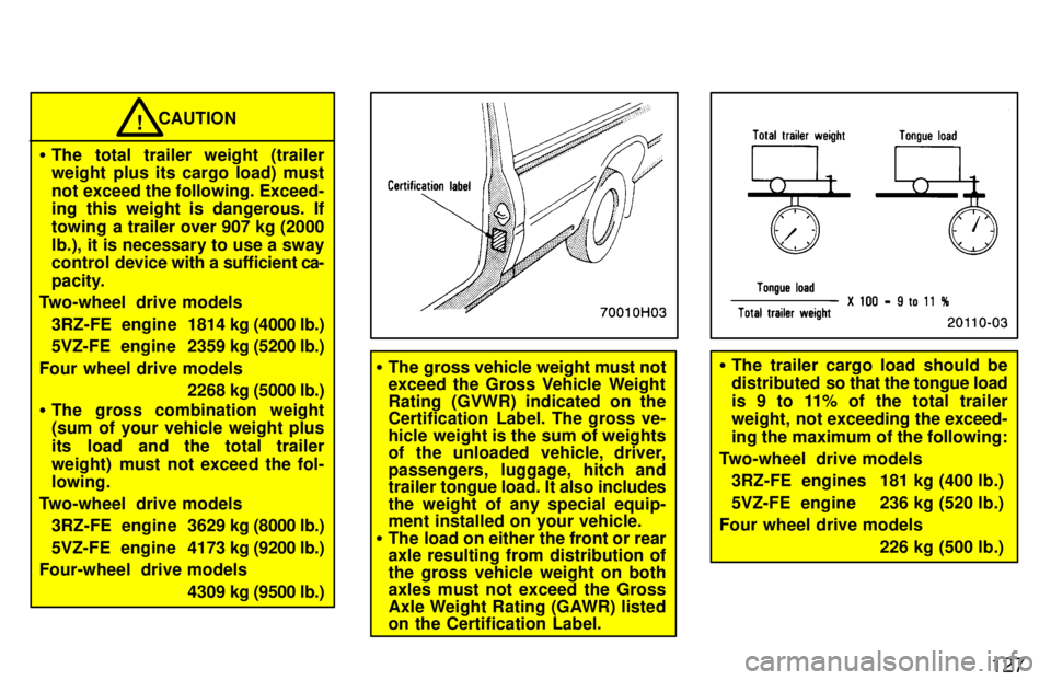 TOYOTA T100 1997  Owners Manual 127
CAUTION
� The total trailer weight (trailer 
weight plus its cargo load) must 
not exceed the following. Exceed- 
ing this weight is dangerous. If 
towing  a trailer over 907 kg (2000lb.), it is n