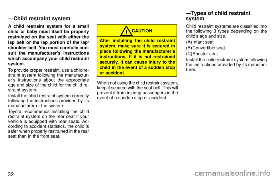 TOYOTA T100 1997 Owners Guide 32A child restraint system for a small 
child or baby must itself be properly 
restrained on the seat with either the
lap belt or the lap portion of the lap/
shoulder  belt. You must carefully con-
su