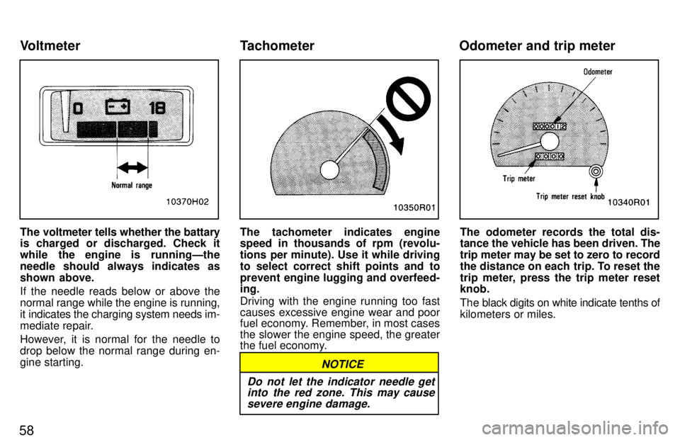 TOYOTA T100 1997 Repair Manual 58
The voltmeter tells whether the battary 
is charged or discharged. Check it 
while the engine is runningÐthe
needle should always indicates as
shown above. 
If the needle reads below or above the 