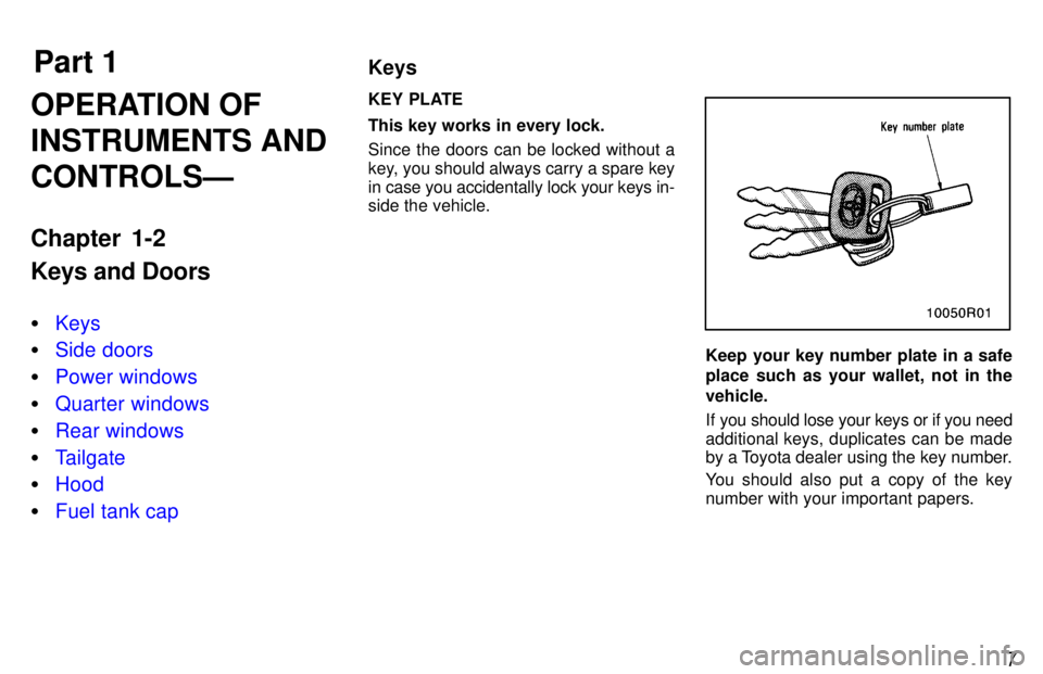 TOYOTA T100 1997  Owners Manual Part 1Keys
7
OPERATION OF INSTRUMENTS ANDCONTROLSÐ 
Chapter 1-2 Keys and Doors �
Keys
�Side doors
�Power windows
�Quarter windows
�Rear windows
�Tailgate
�Hood
�Fuel tank cap
KEY PLATE This key works