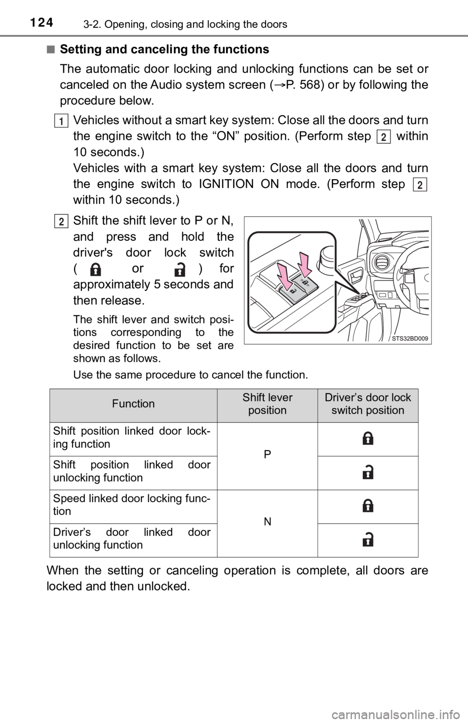 TOYOTA TACOMA 2023  Owners Manual 1243-2. Opening, closing and locking the doors
■Setting and canceling the functions
The  automatic  door  locking  and  unlocking  functions  can  be  set  o r
canceled on the Audio system screen ( 