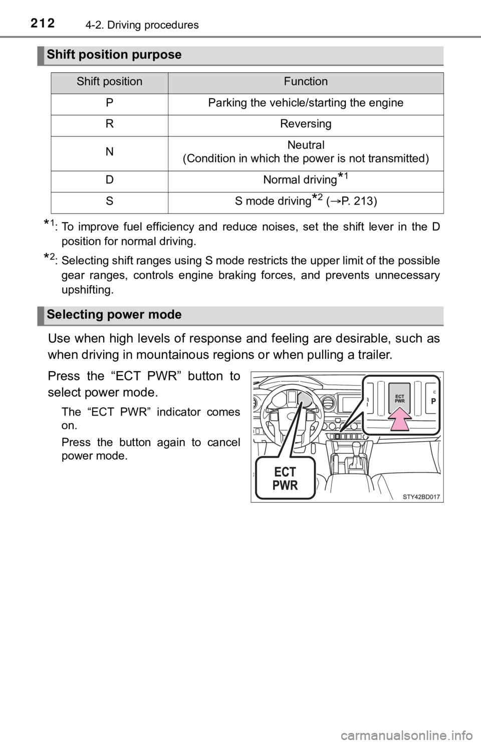 TOYOTA TACOMA 2023 Owners Manual 2124-2. Driving procedures
*1: To improve fuel efficiency and reduce noises, set the shift lever in the D
position for normal driving.
*2: Selecting shift ranges using S mode restricts th TOYOTA TACOMA 2023 Owners Manual 2124-2. Driving procedures
*1: To improve fuel efficiency and reduce noises, set the shift lever in the D
position for normal driving.
*2: Selecting shift ranges using S mode restricts th