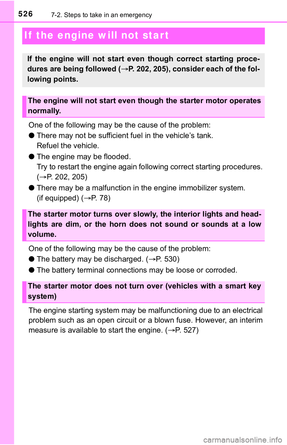 TOYOTA TACOMA 2023 Owners Manual 5267-2. Steps to take in an emergency
If the engine will not star t
One of the following may be the cause of the problem:
● There may not be sufficient f uel in the vehicle’s tank.
Refuel the veh TOYOTA TACOMA 2023 Owners Manual 5267-2. Steps to take in an emergency
If the engine will not star t
One of the following may be the cause of the problem:
● There may not be sufficient f uel in the vehicle’s tank.
Refuel the veh