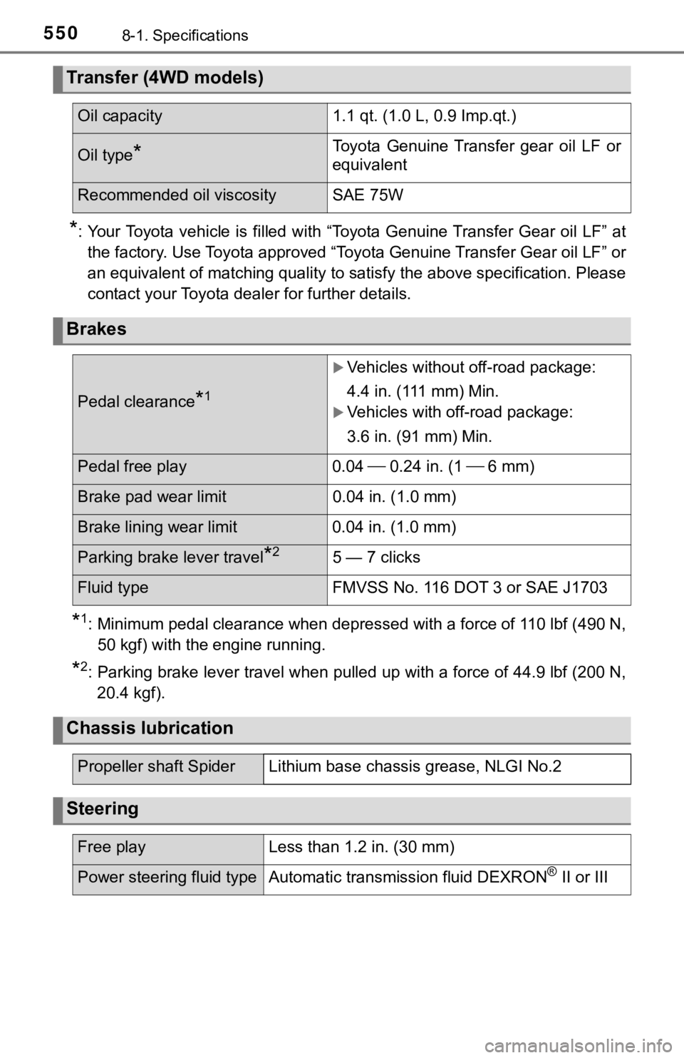 TOYOTA TACOMA 2023  Owners Manual 5508-1. Specifications
*: Your Toyota  vehicle  is  filled  with  “Toyota  Genuine Transfer  Gear oil LF” at
the factory. Use Toyota approved “Toyota Genuine Transfer Gear oil LF” or
an equiva