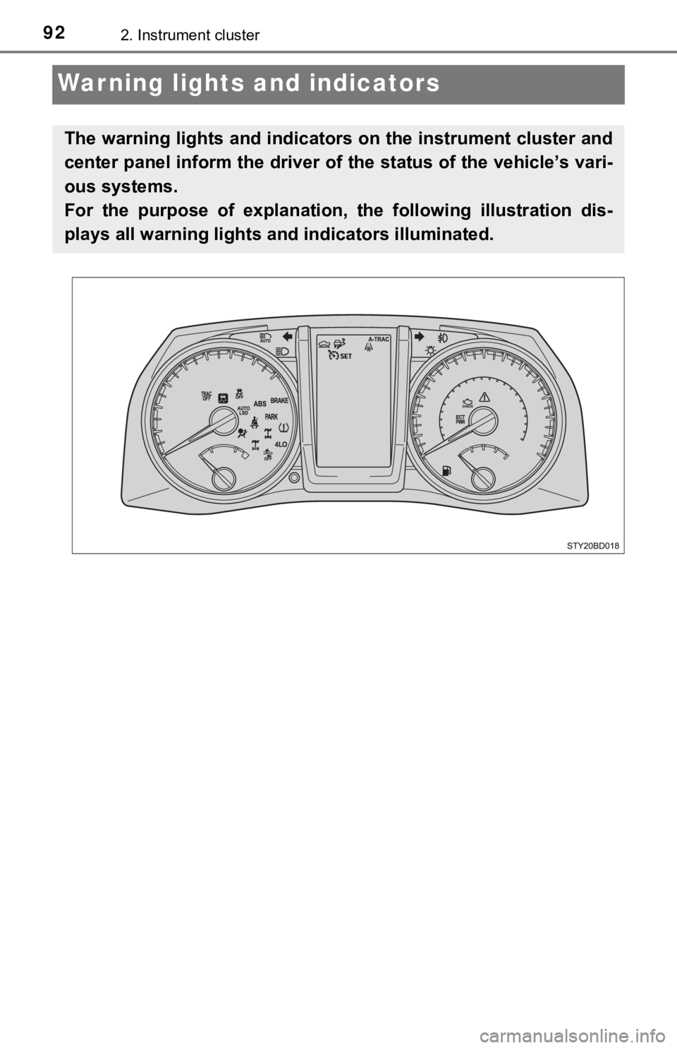 TOYOTA TACOMA 2023  Owners Manual 922. Instrument cluster
Warning lights and indicators
The warning lights and indicators on the instrument cluster and
center panel inform the driver of the status of the vehicle’s vari-
ous systems.