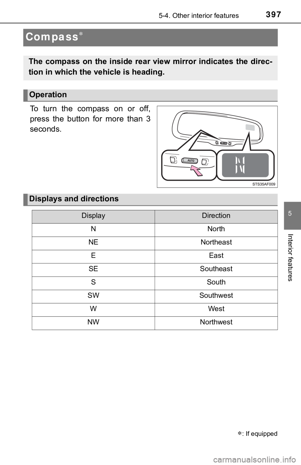 TOYOTA TACOMA 2022 Owners Manual 3975-4. Other interior features
5
Interior features
Compass
To turn the compass on or off,
press the button for more than 3
seconds.
: If equipped
The compass on the inside rear v TOYOTA TACOMA 2022 Owners Manual 3975-4. Other interior features
5
Interior features
Compass
To turn the compass on or off,
press the button for more than 3
seconds.
: If equipped
The compass on the inside rear v