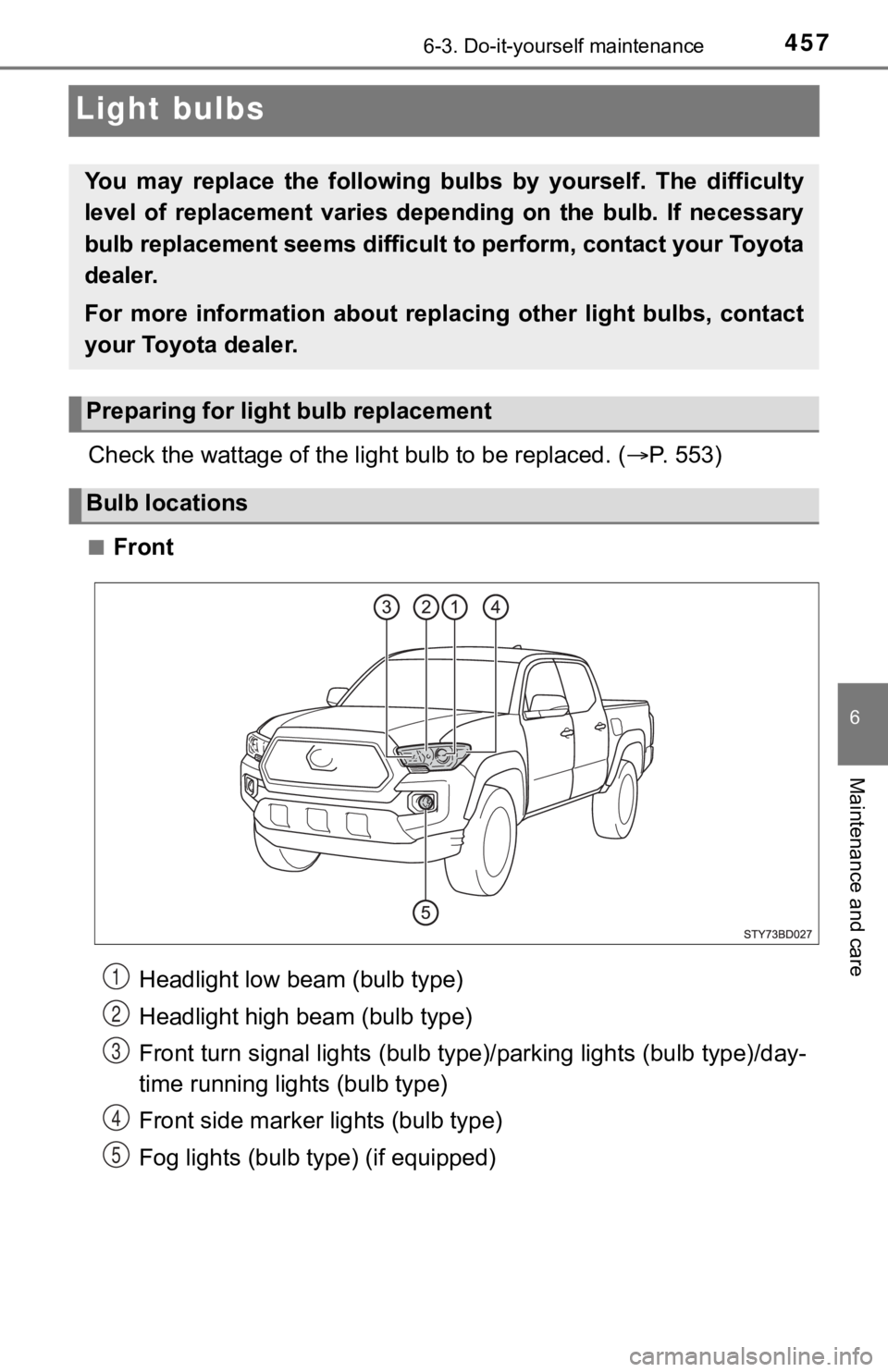 TOYOTA TACOMA 2022  Owners Manual 4576-3. Do-it-yourself maintenance
6
Maintenance and care
Light bulbs
Check the wattage of the light bulb to be replaced. ( P. 553)
■Front
You  may  replace  the  following  bul bs  by  yourself.