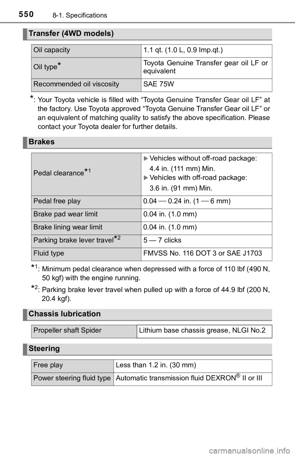 TOYOTA TACOMA 2022  Owners Manual 5508-1. Specifications
*: Your Toyota  vehicle  is  filled  with  “Toyota  Genuine Transfer  Gear oil LF” at
the factory. Use Toyota approved “Toyota Genuine Transfer Gear oil LF” or
an equiva