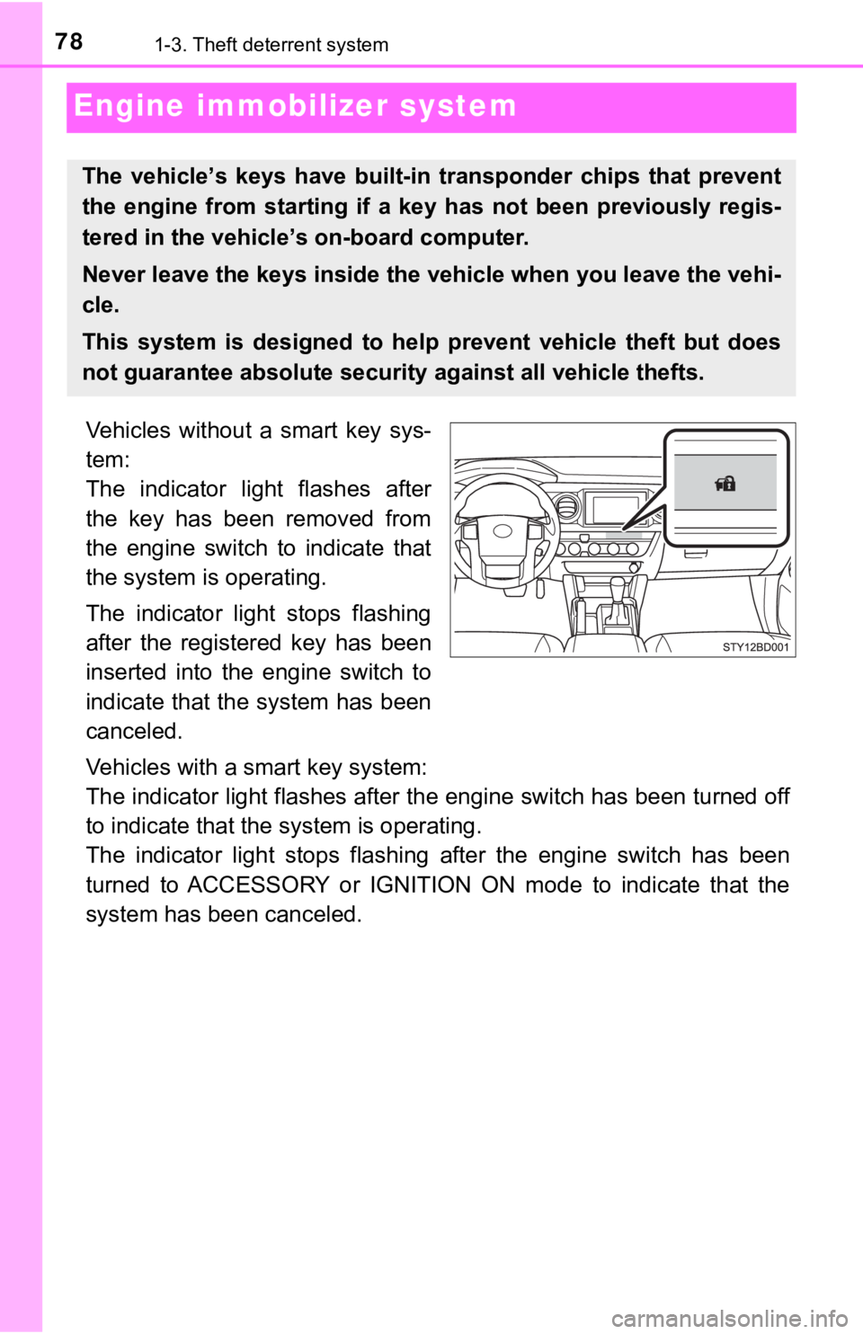 TOYOTA TACOMA 2022  Owners Manual 781-3. Theft deterrent system
Engine immobilizer system
Vehicles  without  a  smart  key  sys-
tem: 
The  indicator  light  flashes  after
the  key  has  been  removed  from
the  engine  switch  to  i