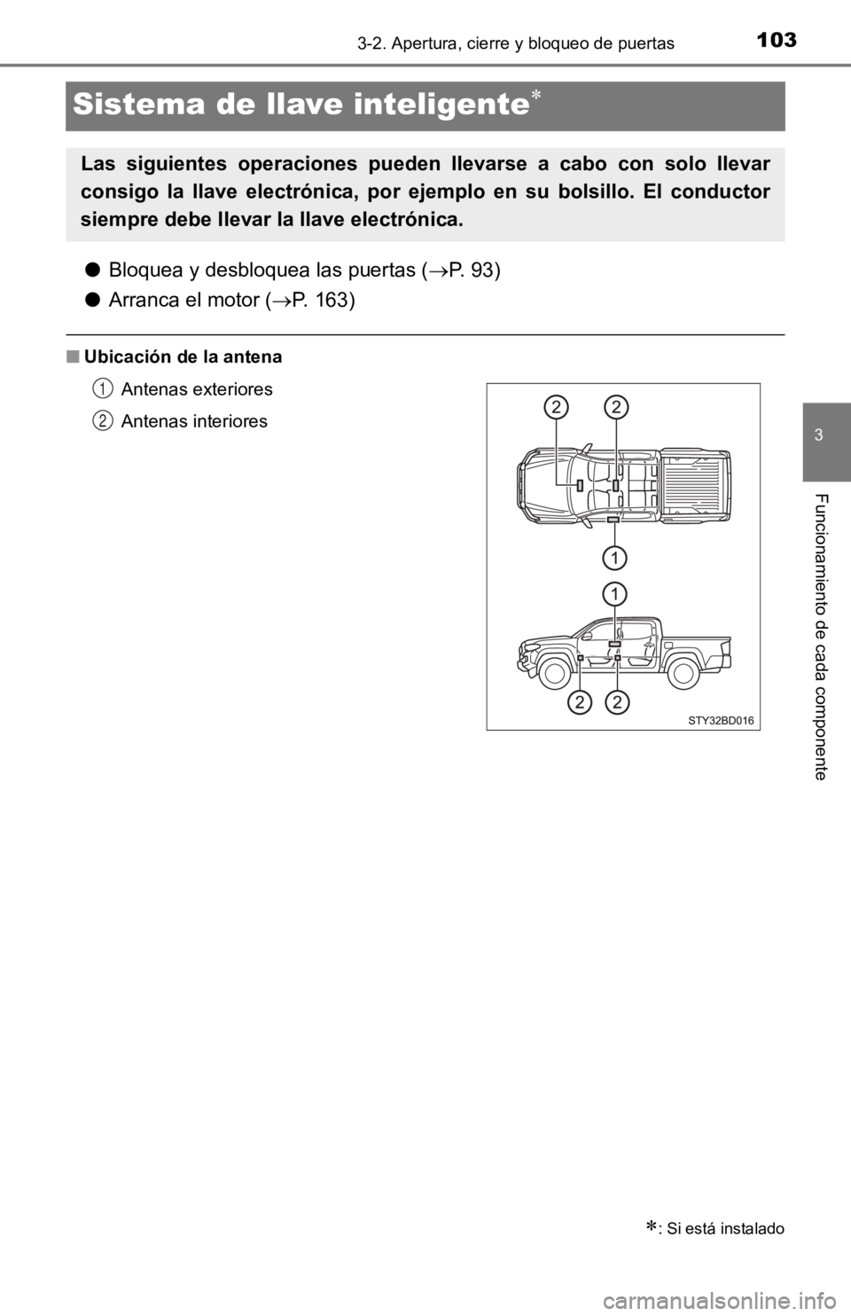 TOYOTA TACOMA 2019  Manual del propietario (in Spanish) 1033-2. Apertura, cierre y bloqueo de puertas
3
Funcionamiento de cada componente
Sistema de llave inteligente
●Bloquea y desbloquea las puertas ( P. 93)
● Arranca el motor ( P. 163)
■U