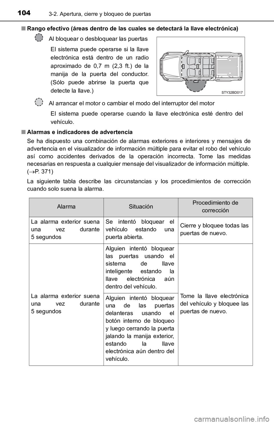 TOYOTA TACOMA 2019  Manual del propietario (in Spanish) 1043-2. Apertura, cierre y bloqueo de puertas
■Rango efectivo (áreas dentro de l as cuales se detectará la llave electrónica)
■ Alarmas e indicadores de advertencia
Se  ha  dispuesto  una  comb