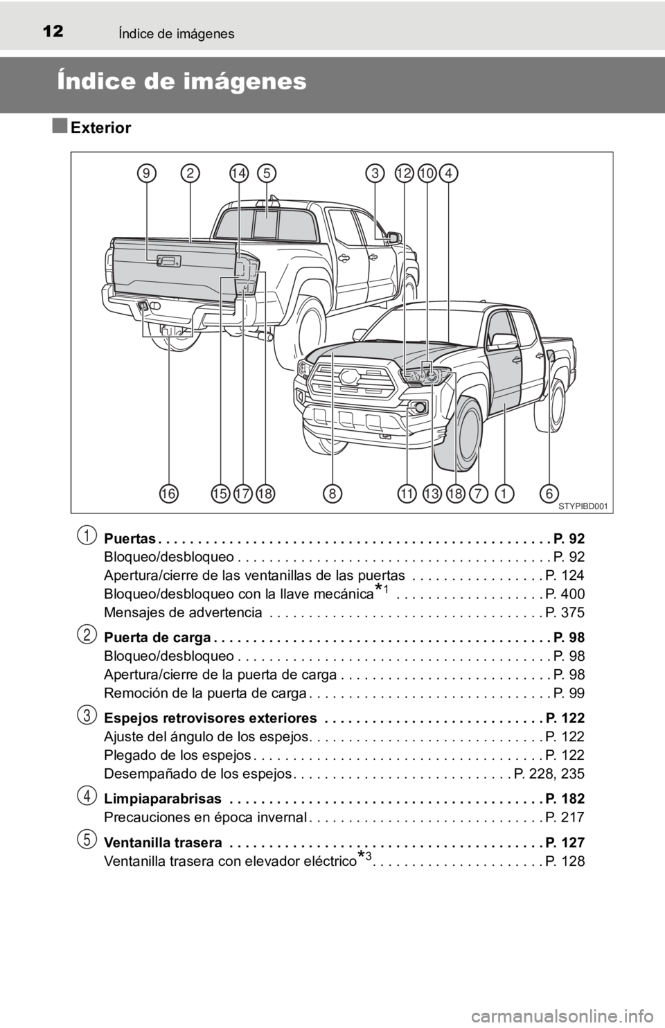 TOYOTA TACOMA 2019  Manual del propietario (in Spanish) 12Índice de imágenes
Índice de imágenes
■Exterior
Puertas . . . . . . . . . . . . . . . . . . . . . . . . . . . . . . . . . . . . . . . . . . . . . . . . . . P. 92
Bloqueo/desbloqueo . . . . . .