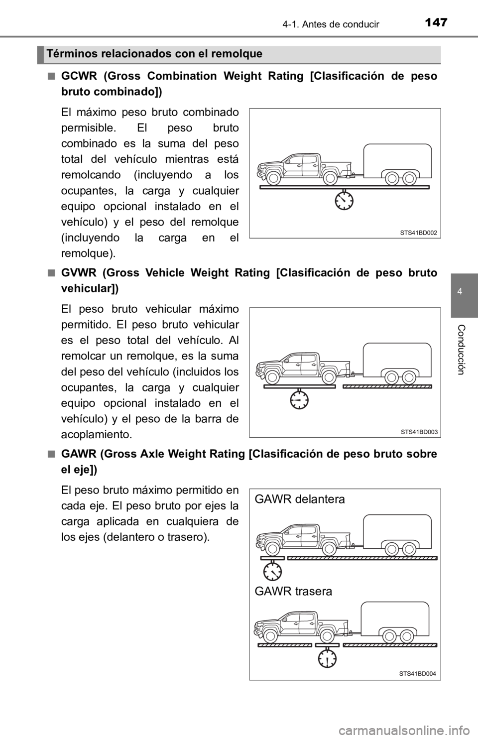 TOYOTA TACOMA 2019  Manual del propietario (in Spanish) 1474-1. Antes de conducir
4
Conducción
■GCWR  (Gross  Combination  Weight  Rating  [Clasificación  de  peso
bruto combinado])
El  máximo  peso  bruto  combinado
permisible.  El  peso  bruto
combi