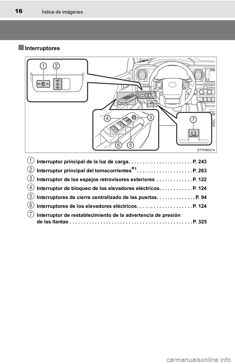 TOYOTA TACOMA 2019  Manual del propietario (in Spanish) 16Índice de imágenes
■Interruptores
Interruptor principal de la luz de carga . . . . . . . . . . . . . . . . . . . . . . . P. 243
Interruptor principal del tomacorrientes
*1. . . . . . . . . . . .