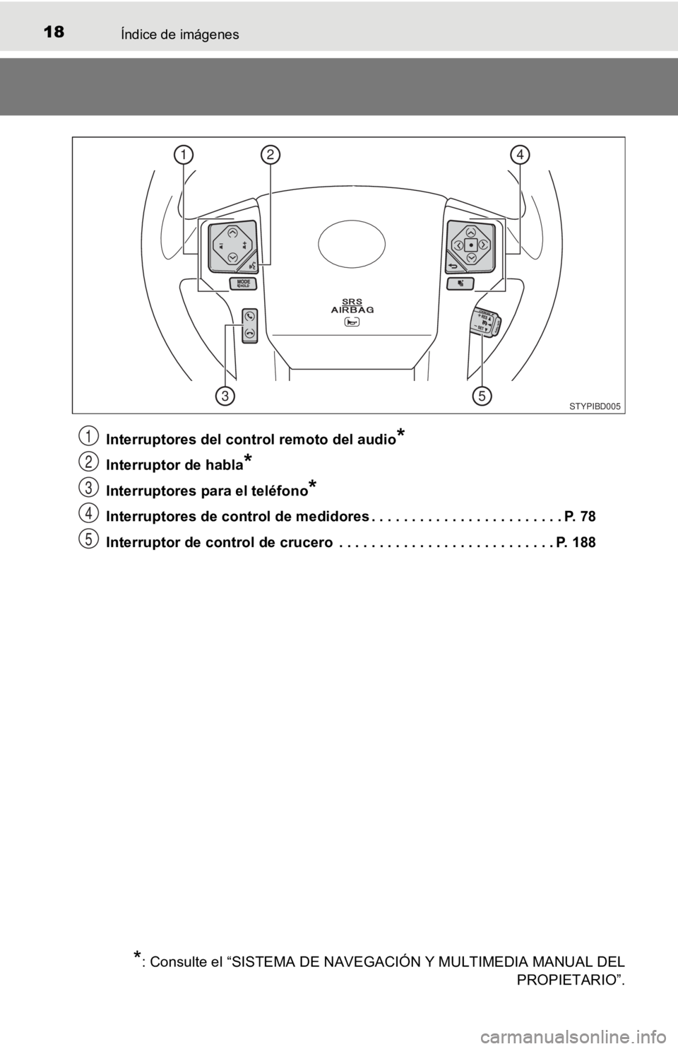 TOYOTA TACOMA 2019  Manual del propietario (in Spanish) 18Índice de imágenes
Interruptores del control remoto del audio*
Interruptor de habla*
Interruptores para el teléfono*
Interruptores de control de medidores . . . . . . . . . . . . . . . . . . . . 
