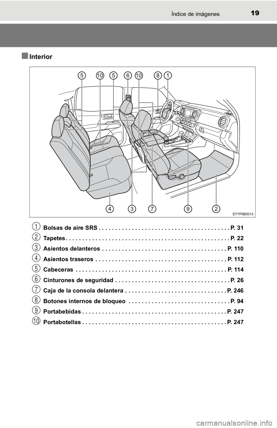 TOYOTA TACOMA 2019  Manual del propietario (in Spanish) 19Índice de imágenes
■Interior
Bolsas de aire SRS . . . . . . . . . . . . . . . . . . . . . . . . . . . . . . . . . . . . . . . . P. 31
Tapetes . . . . . . . . . . . . . . . . . . . . . . . . . . 