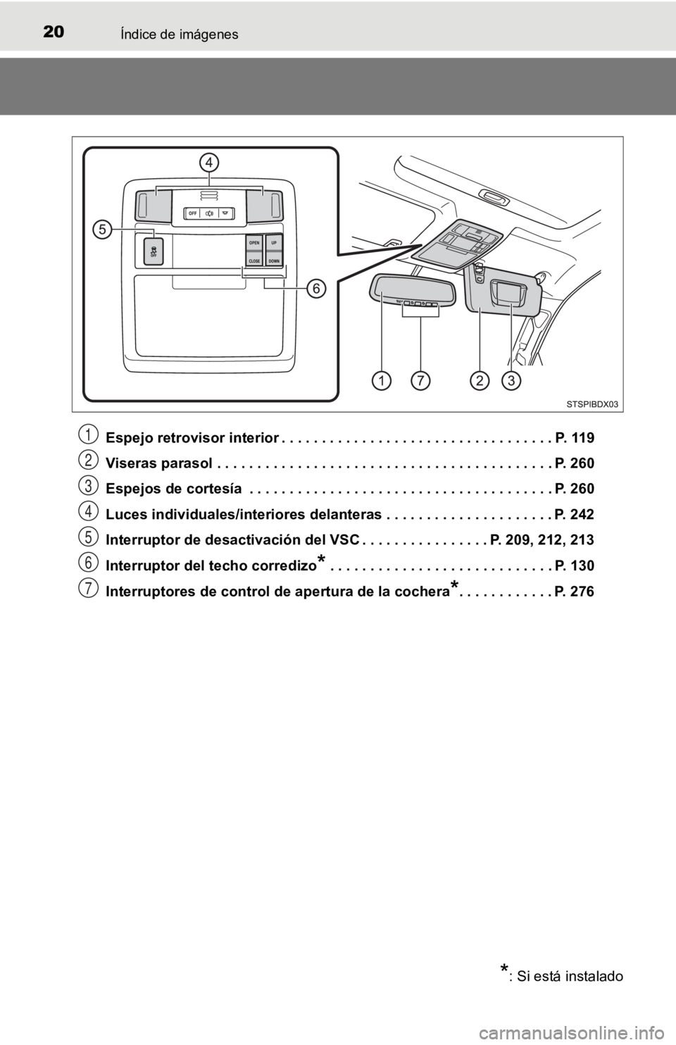 TOYOTA TACOMA 2019  Manual del propietario (in Spanish) 20Índice de imágenes
Espejo retrovisor interior . . . . . . . . . . . . . . . . . . . . . . . . . . . . . . . . . . P. 119
Viseras parasol . . . . . . . . . . . . . . . . . . . . . . . . . . . . . .