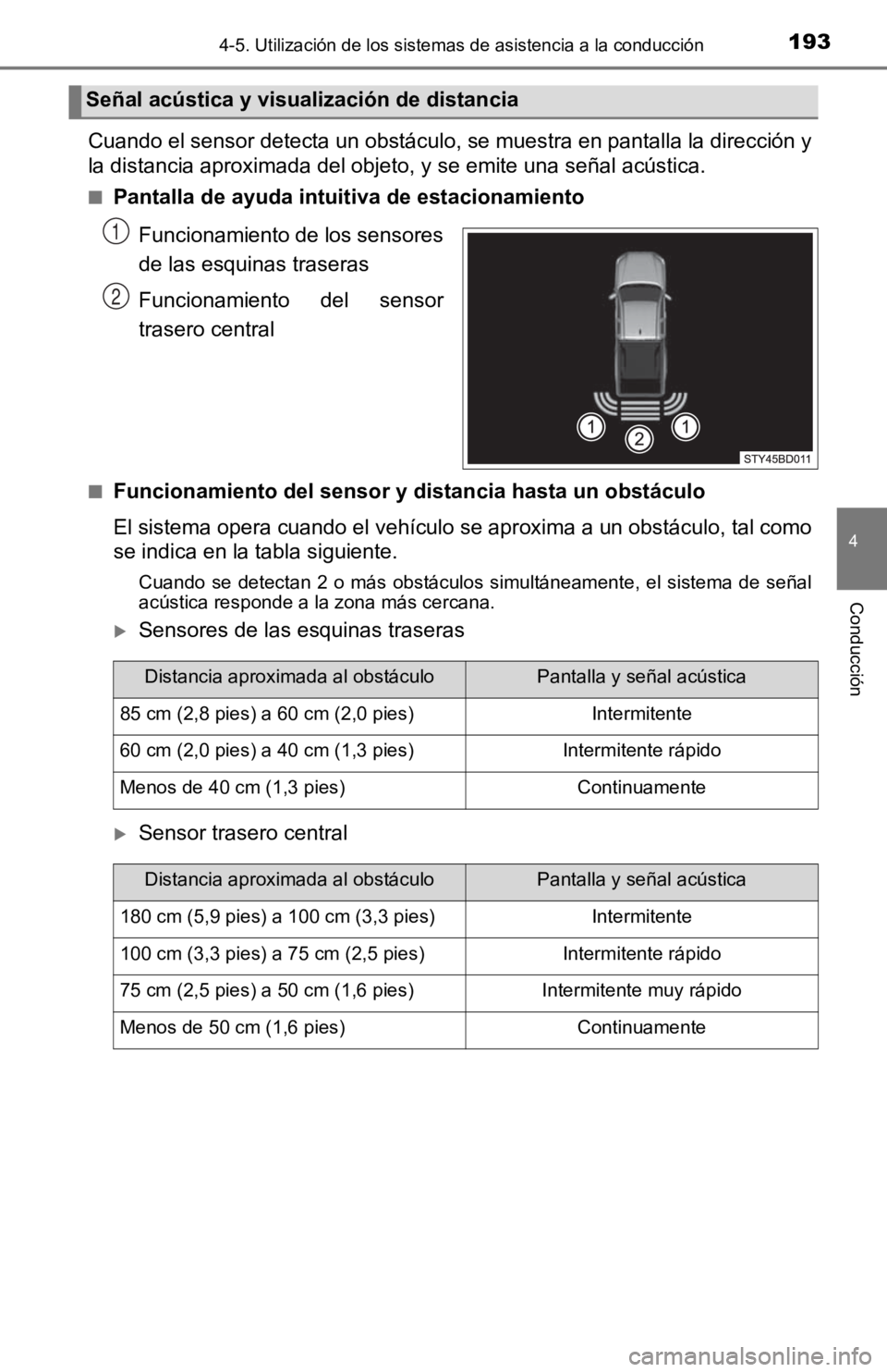 TOYOTA TACOMA 2019  Manual del propietario (in Spanish) 1934-5. Utilización de los sistemas de asistencia a la conducción
4
Conducción
Cuando el sensor detecta un obstáculo, se muestra en pantalla la dirección y
la distancia aproximada del objeto, y s