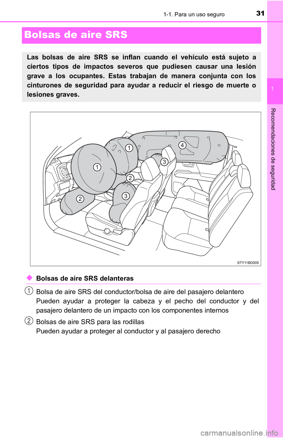 TOYOTA TACOMA 2019  Manual del propietario (in Spanish) 311-1. Para un uso seguro
1
Recomendaciones de seguridad
Bolsas de aire SRS
◆Bolsas de aire SRS delanteras
Bolsa de aire SRS del conductor/bolsa de aire del pasajero delantero
Pueden  ayudar  a  pro