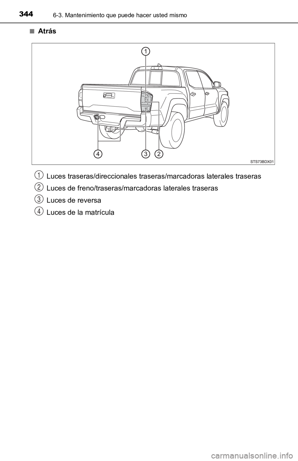 TOYOTA TACOMA 2019  Manual del propietario (in Spanish) 3446-3. Mantenimiento que puede hacer usted mismo
■Atrás
Luces traseras/direccionales traseras/marcadoras laterales traseras
Luces de freno/traseras/marcadoras laterales traseras
Luces de reversa
L