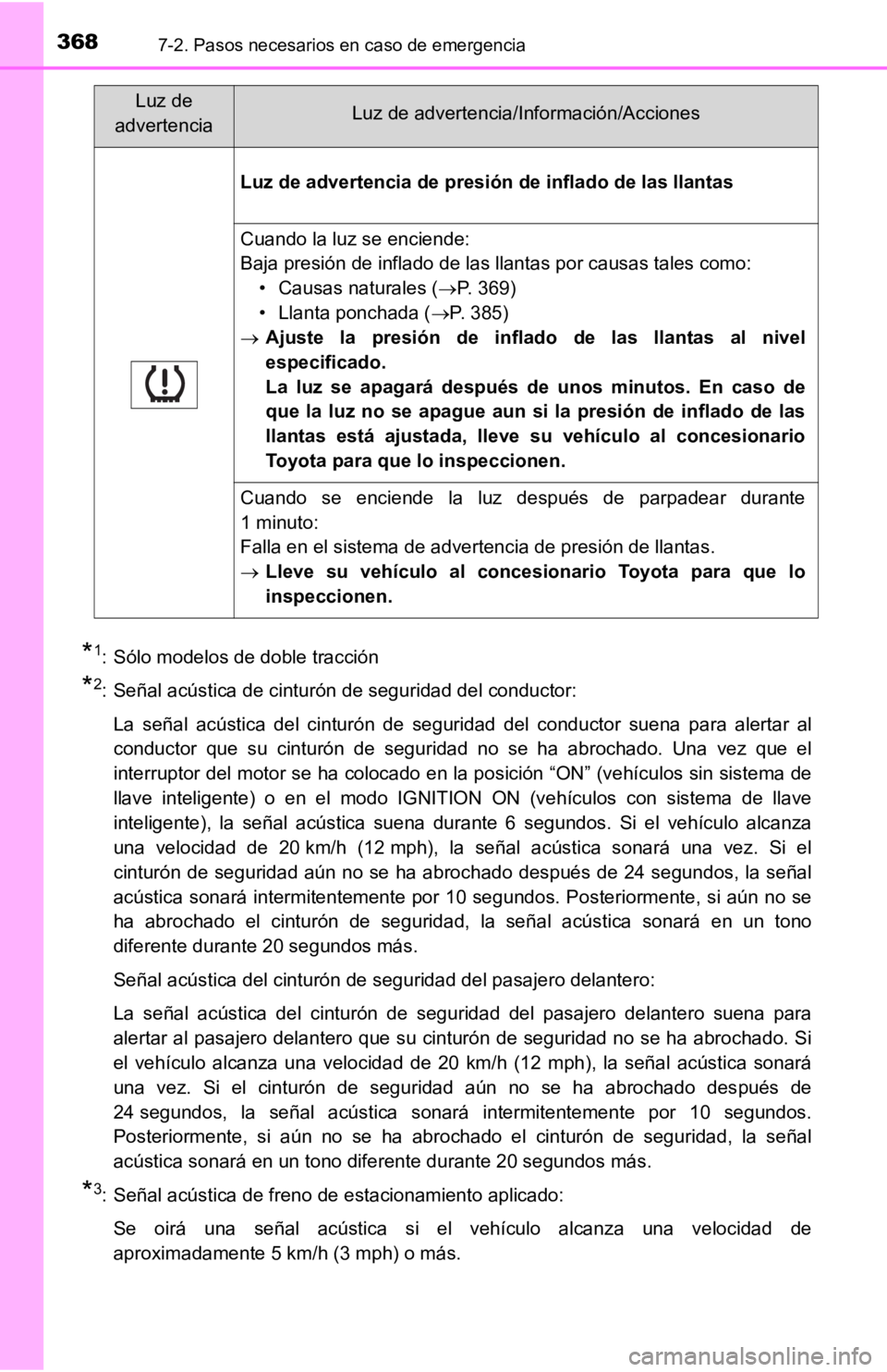 TOYOTA TACOMA 2019  Manual del propietario (in Spanish) 3687-2. Pasos necesarios en caso de emergencia
*1: Sólo modelos de doble tracción
*2: Señal acústica de cinturón de seguridad del conductor:La  señal  acústica  del  cinturón  de  seguridad  d