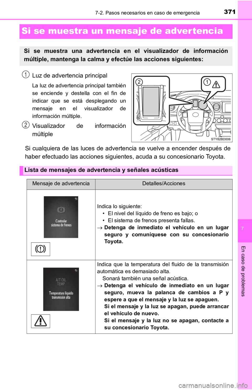 TOYOTA TACOMA 2019  Manual del propietario (in Spanish) 7
En caso de problemas
3717-2. Pasos necesarios en caso de emergencia
Si se muestra un mensaje de advertencia
Luz de advertencia principal
La luz de advertencia principal también
se  enciende  y  des