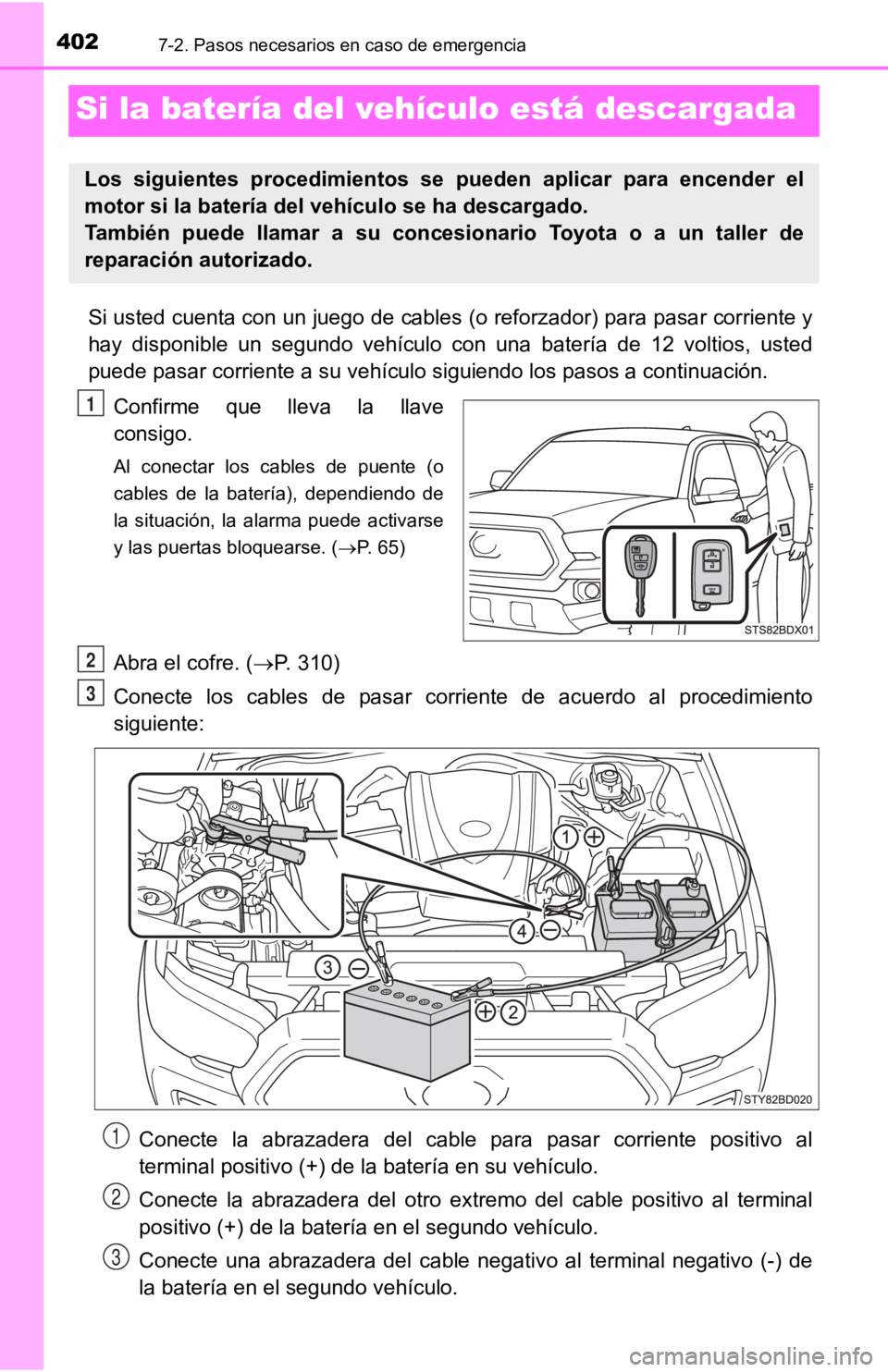 TOYOTA TACOMA 2019 Manual del propietario (in Spanish) 4027-2. Pasos necesarios en caso de emergencia
Si la batería del vehículo está descargada
Si usted cuenta con un juego de cables (o reforzador) para pasar corriente y
hay disponible un segundo TOYOTA TACOMA 2019 Manual del propietario (in Spanish) 4027-2. Pasos necesarios en caso de emergencia
Si la batería del vehículo está descargada
Si usted cuenta con un juego de cables (o reforzador) para pasar corriente y
hay disponible un segundo