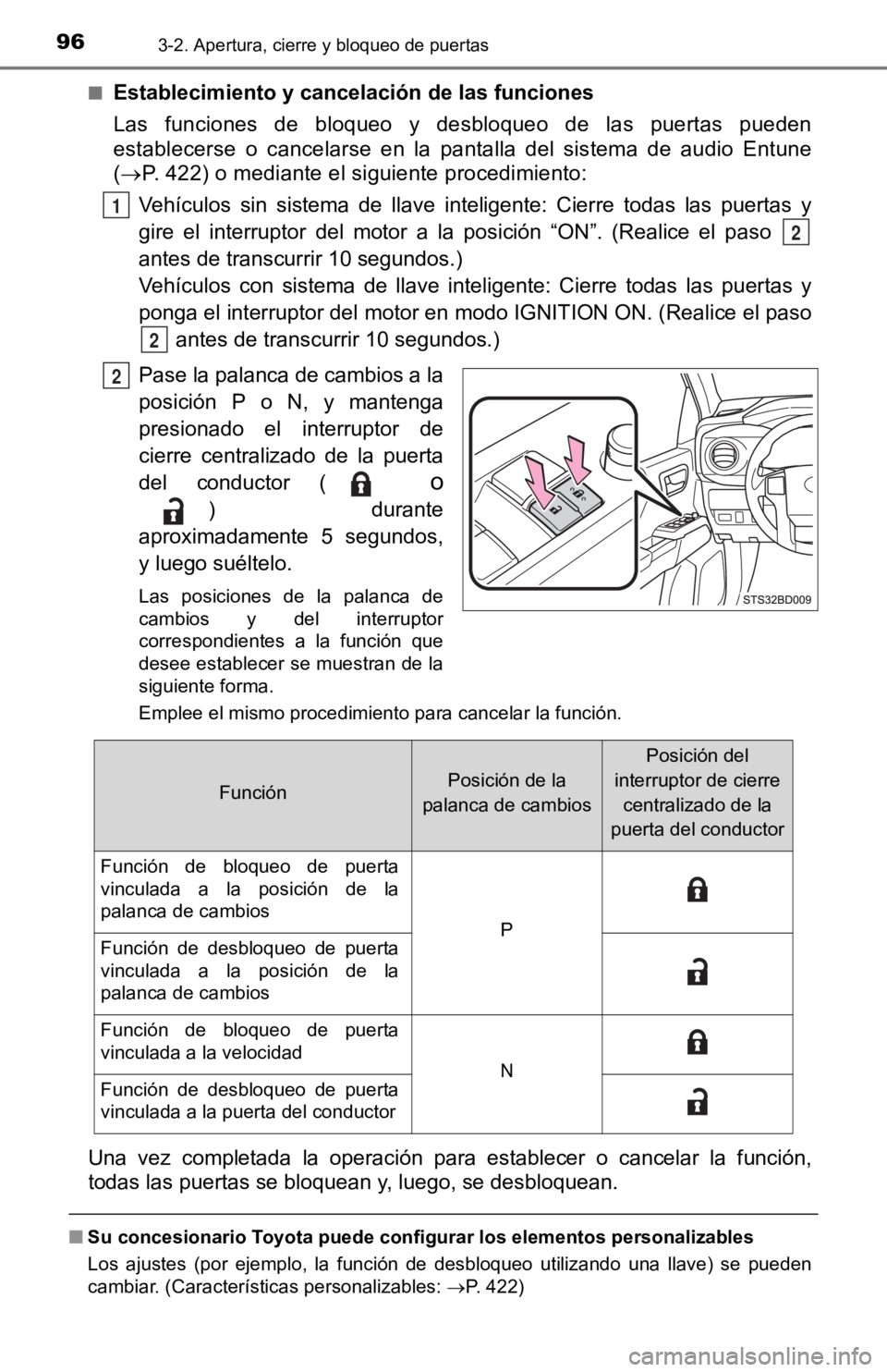 TOYOTA TACOMA 2019  Manual del propietario (in Spanish) 963-2. Apertura, cierre y bloqueo de puertas
■Establecimiento y cancelación de las funciones
Las  funciones  de  bloqueo  y  desbloqueo  de  las  puertas  pueden
establecerse  o  cancelarse  en  la