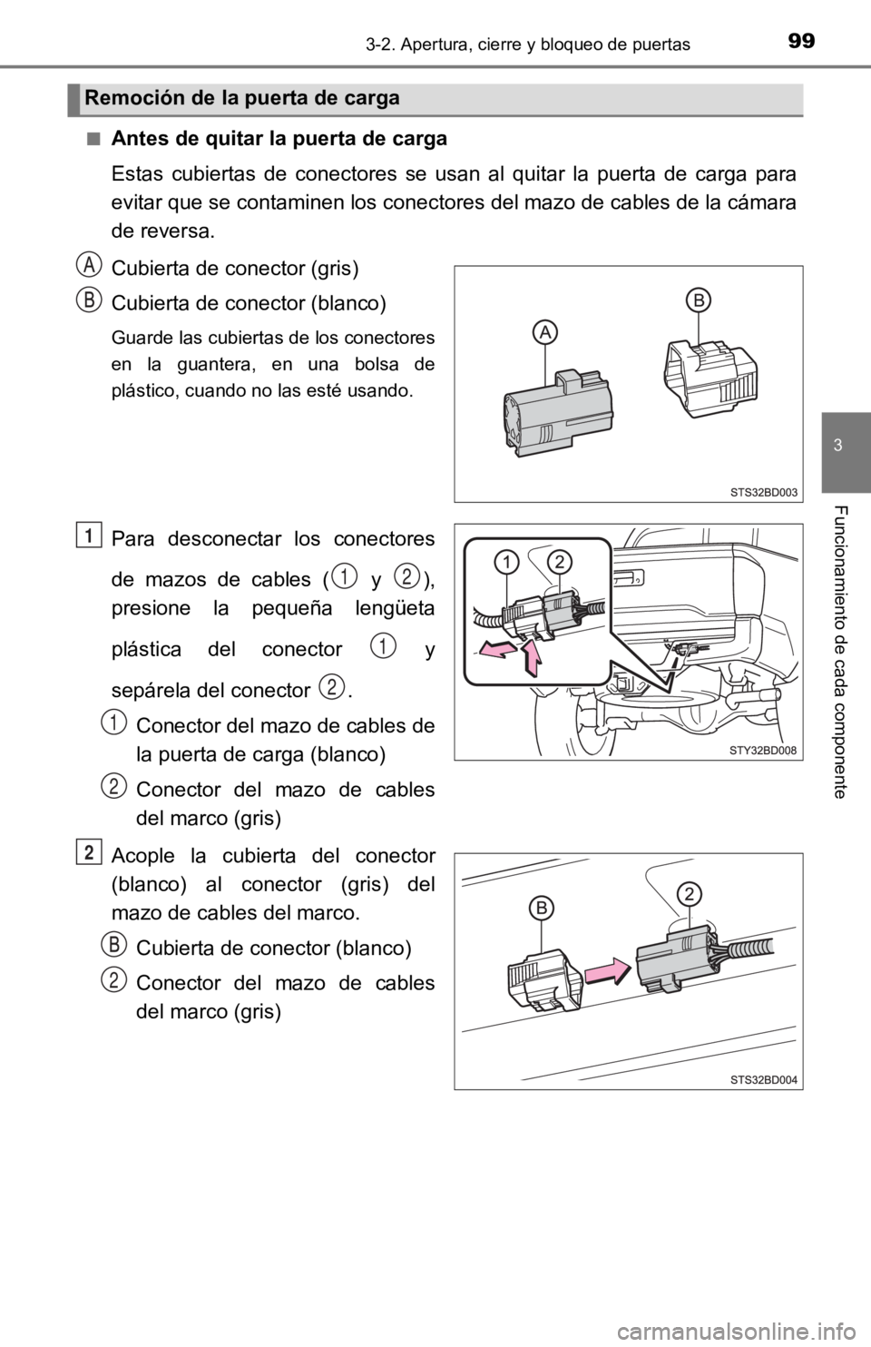 TOYOTA TACOMA 2019  Manual del propietario (in Spanish) 993-2. Apertura, cierre y bloqueo de puertas
3
Funcionamiento de cada componente
■Antes de quitar la puerta de carga
Estas  cubiertas  de  conectores  se  usan  al  quitar  la  puerta  de  carga  pa