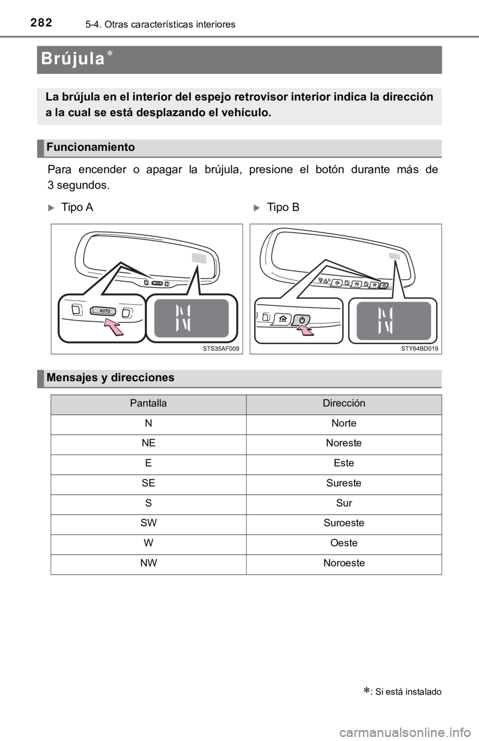 TOYOTA TACOMA 2018 Manual del propietario (in Spanish) 2825-4. Otras características interiores
Brújula
Para encender o apagar la brújula, presione el botón durante más de
3 segundos.
: Si está instalado
La brújula en el interior d TOYOTA TACOMA 2018 Manual del propietario (in Spanish) 2825-4. Otras características interiores
Brújula
Para encender o apagar la brújula, presione el botón durante más de
3 segundos.
: Si está instalado
La brújula en el interior d