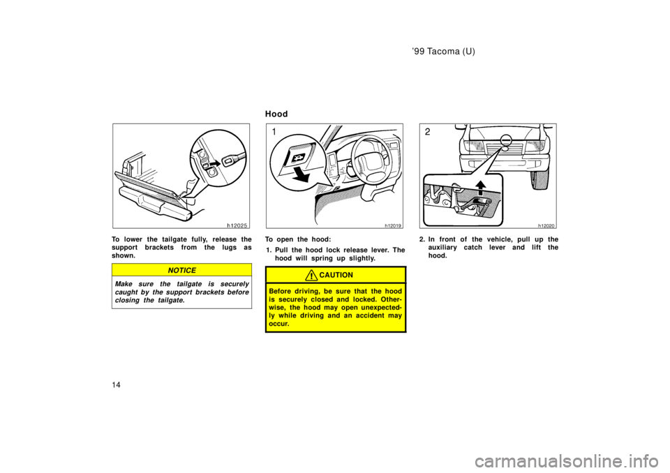 TOYOTA TACOMA 1999  Owners Manual 99 Tacoma (U)
14
To lower the tailgate fully,  release the 
support brackets from the lugs as shown.
NOTICE
Make sure the tailgate is securely caught by the support brackets beforeclosing the tailgat