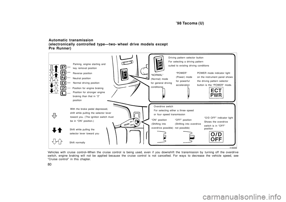TOYOTA TACOMA 1998 Manual PDF 98 Tacoma (U)
80
Parking, engine starting and 
key removal position
Reverse position
Neutral position Normal driving position
Shift while pulling the
selector lever toward you Position for stronger e