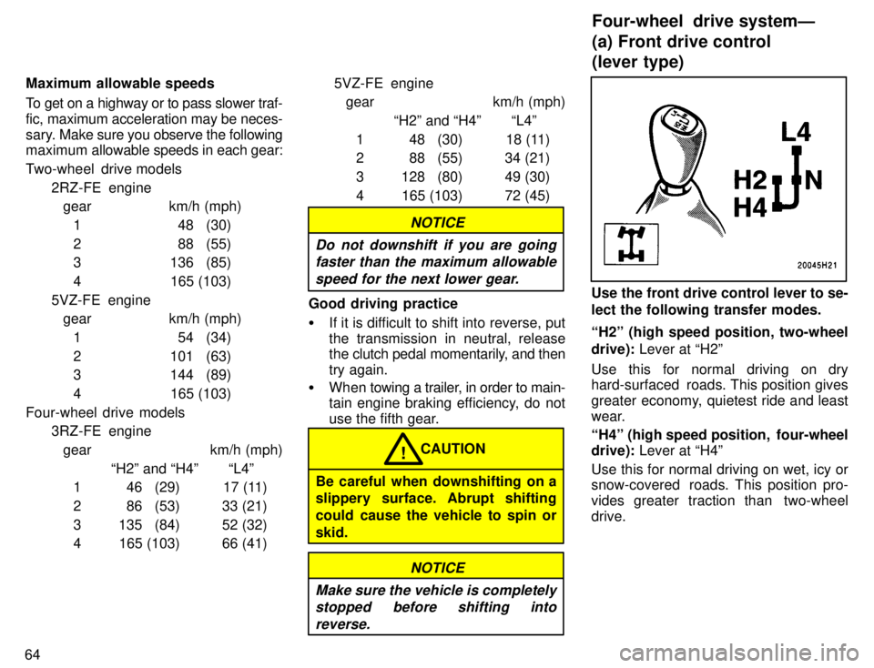 TOYOTA TACOMA 1996 Repair Manual 64Maximum allowable speeds 
To get on a highway or to pass slower traf- fic, maximum acceleration may be neces-
sary. 
Make sure you observe the following
maximum  allowable speeds in each gear:
Two-w