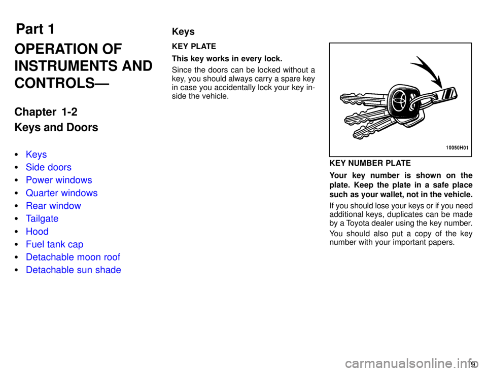 TOYOTA TACOMA 1996  Owners Manual Part 1Keys
9
OPERATION OF INSTRUMENTS AND CONTROLSÐ 
Chapter 1-2 Keys and Doors �
Keys
�Side doors
�Power windows
�Quarter windows
�Rear window
�Tailgate
�Hood
�Fuel tank cap
�Detachable moon roof
�D