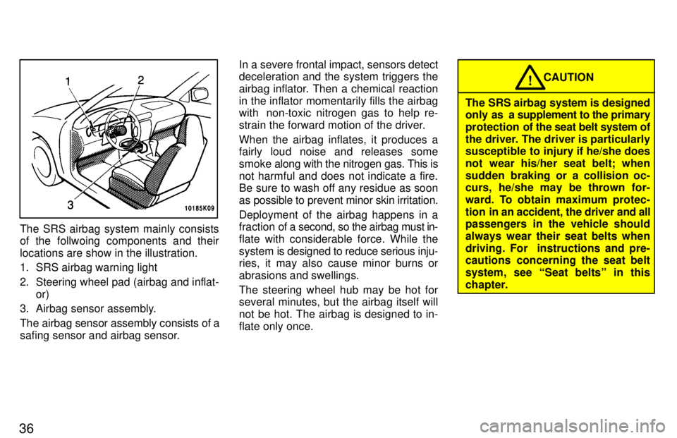 TOYOTA TERCEL 1997 Owners Guide 36
The SRS airbag system mainly consists 
of the follwoing components and their 
locations are show in the illustration. 
1. SRS airbag warning light 
2. Steering wheel pad (airbag and inflat-or)
3. A