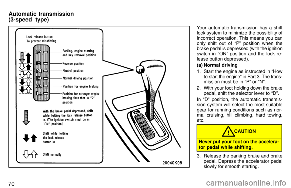 TOYOTA TERCEL 1997 Manual PDF 70Your automatic transmission has a shift 
lock system to minimize the possibility of 
incorrect operation. This means you can
only shift out of Pº position when the brake 
pedal is depressed (with 