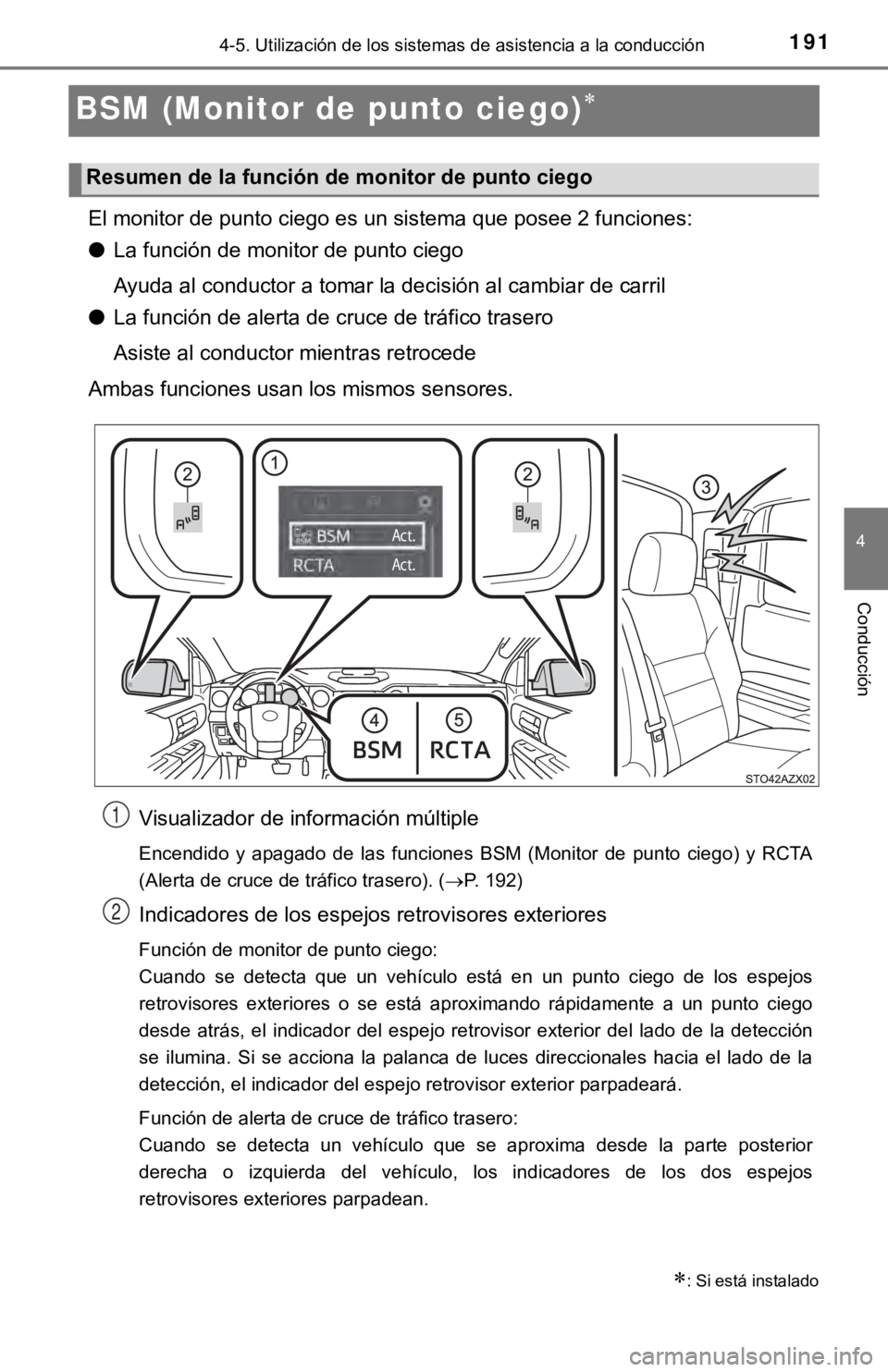TOYOTA TUNDRA 2019  Manual del propietario (in Spanish) 1914-5. Utilización de los sistemas de asistencia a la conducción
4
Conducción
BSM (Monitor de punto ciego)
El monitor de punto ciego es un sistema que posee 2 funciones:
●La función de monit