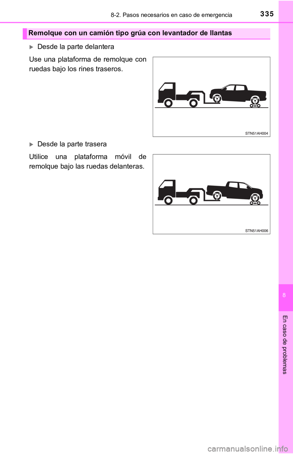 TOYOTA TUNDRA 2019 Manual del propietario (in Spanish) 3358-2. Pasos necesarios en caso de emergencia
8
En caso de problemas
Desde la parte delantera
Use una plataforma de remolque con
ruedas bajo los rines traseros.
Desde la parte trasera
Util TOYOTA TUNDRA 2019 Manual del propietario (in Spanish) 3358-2. Pasos necesarios en caso de emergencia
8
En caso de problemas
Desde la parte delantera
Use una plataforma de remolque con
ruedas bajo los rines traseros.
Desde la parte trasera
Util