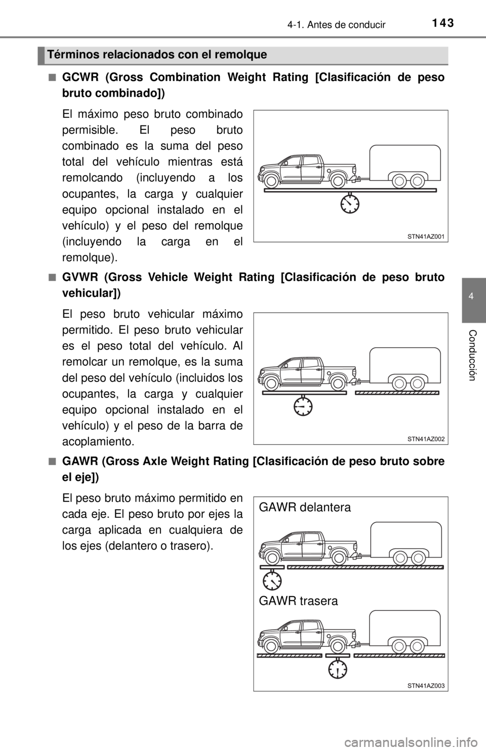 TOYOTA TUNDRA 2018  Manual del propietario (in Spanish) 1434-1. Antes de conducir
4
Conducción
■GCWR (Gross Combination Weight Rating [Clasificación de peso
bruto combinado])
El máximo peso bruto combinado
permisible. El peso bruto
combinado es la sum