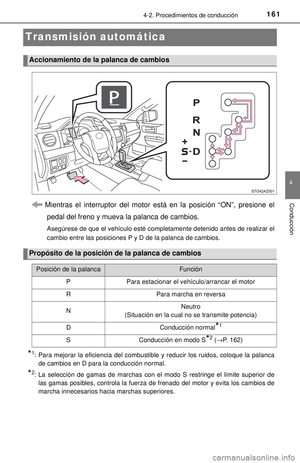TOYOTA TUNDRA 2018 Manual del propietario (in Spanish) 1614-2. Procedimientos de conducción
4
Conducción
Transmisión automática
Mientras el interruptor del motor está en la posición “ON”, presione elpedal del freno y mueva la palanca de cambios. TOYOTA TUNDRA 2018 Manual del propietario (in Spanish) 1614-2. Procedimientos de conducción
4
Conducción
Transmisión automática
Mientras el interruptor del motor está en la posición “ON”, presione elpedal del freno y mueva la palanca de cambios.