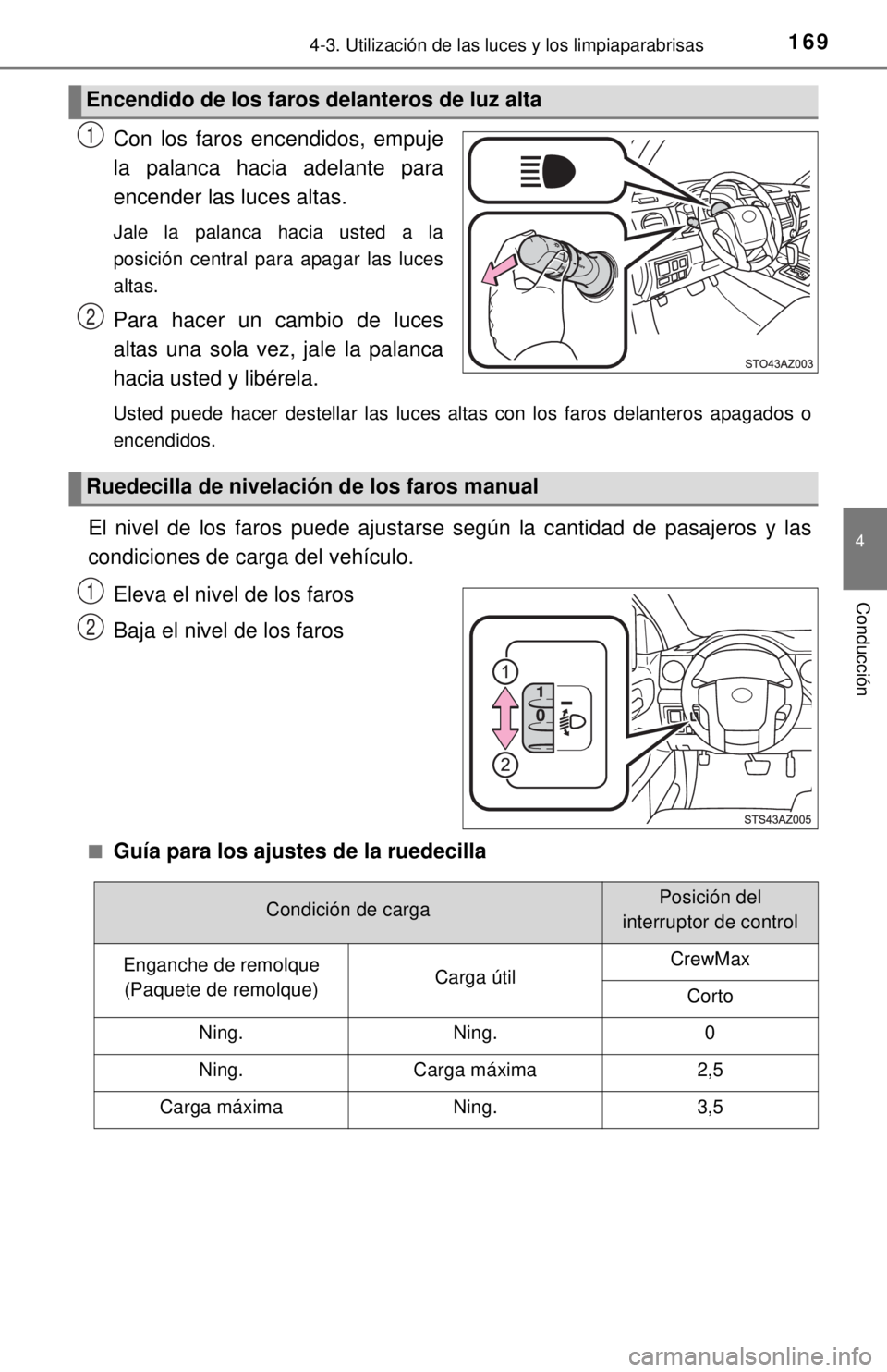 TOYOTA TUNDRA 2018 Manual del propietario (in Spanish) 1694-3. Utilización de las luces y los limpiaparabrisas
4
Conducción
Con los faros encendidos, empuje
la palanca hacia adelante para
encender las luces altas.
Jale la palanca hacia usted a la
posic TOYOTA TUNDRA 2018 Manual del propietario (in Spanish) 1694-3. Utilización de las luces y los limpiaparabrisas
4
Conducción
Con los faros encendidos, empuje
la palanca hacia adelante para
encender las luces altas.
Jale la palanca hacia usted a la
posic