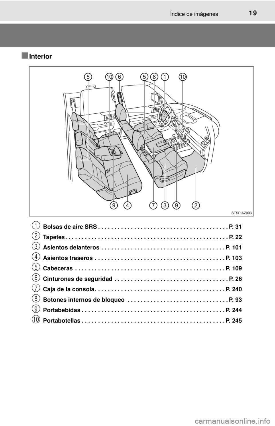 TOYOTA TUNDRA 2018 Manual del propietario (in Spanish) 19Índice de imágenes
■Interior
Bolsas de aire SRS . . . . . . . . . . . . . . . . . . . . . . . . . . . . . . . . . . . . . . . . P. 31
Tapetes . . . . . . . . . . . . . . . . . . . . . . . . . . TOYOTA TUNDRA 2018 Manual del propietario (in Spanish) 19Índice de imágenes
■Interior
Bolsas de aire SRS . . . . . . . . . . . . . . . . . . . . . . . . . . . . . . . . . . . . . . . . P. 31
Tapetes . . . . . . . . . . . . . . . . . . . . . . . . . .
