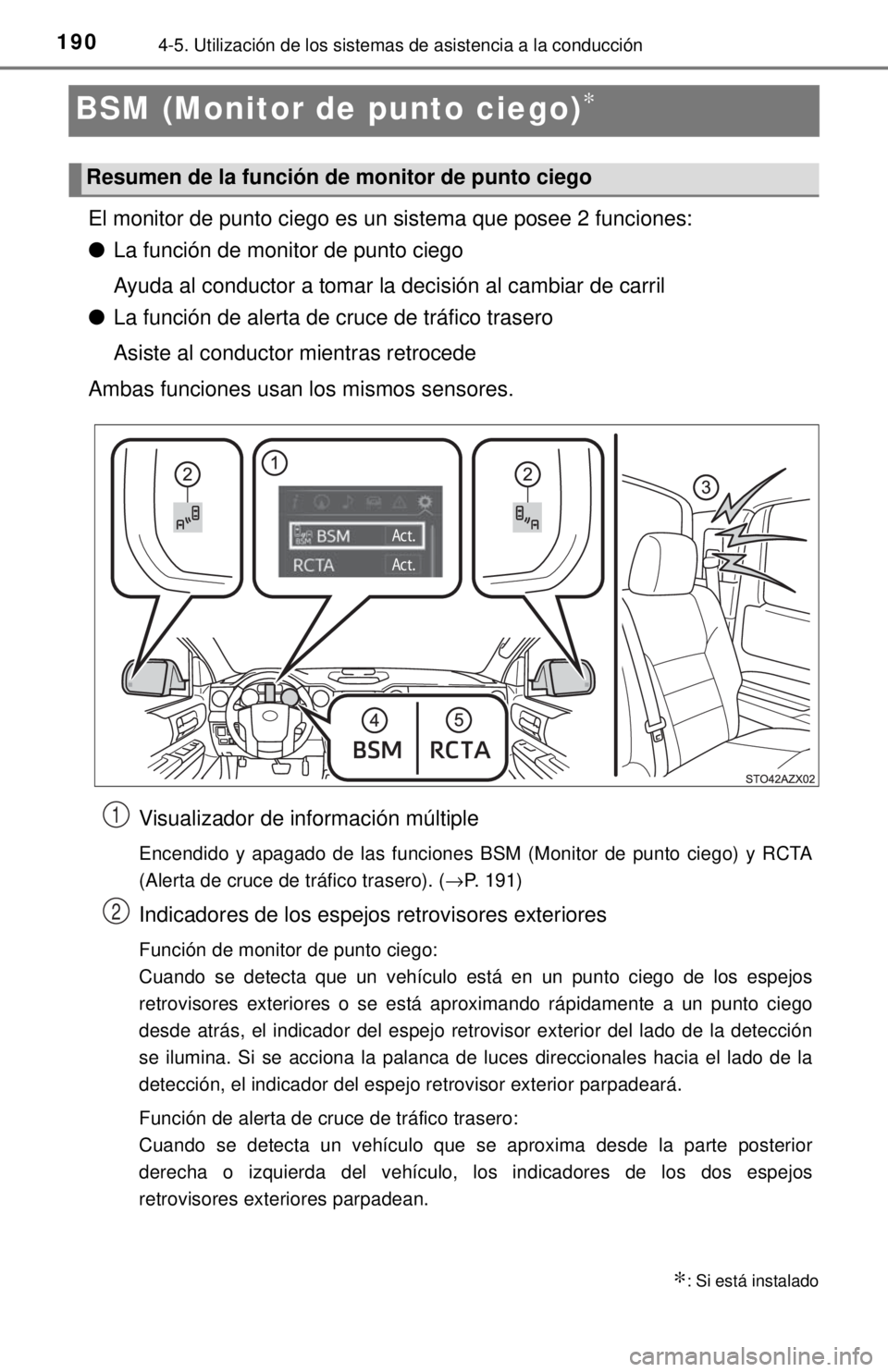 TOYOTA TUNDRA 2018  Manual del propietario (in Spanish) 1904-5. Utilización de los sistemas de asistencia a la conducción
BSM (Monitor de punto ciego)∗
El monitor de punto ciego es un sistema que posee 2 funciones:
●La función de monitor de punto ci