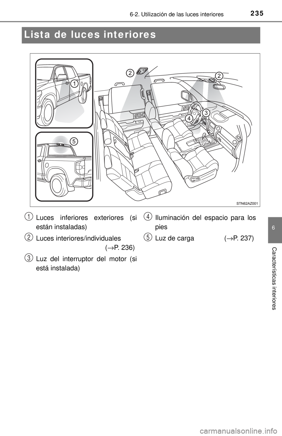 TOYOTA TUNDRA 2018 Manual del propietario (in Spanish) 2356-2. Utilización de las luces interiores
6
Características interiores
Lista de luces interiores
Luces inferiores exteriores (si
están instaladas)
Luces interiores/individuales (→P. 236)
Luz de TOYOTA TUNDRA 2018 Manual del propietario (in Spanish) 2356-2. Utilización de las luces interiores
6
Características interiores
Lista de luces interiores
Luces inferiores exteriores (si
están instaladas)
Luces interiores/individuales (→P. 236)
Luz de